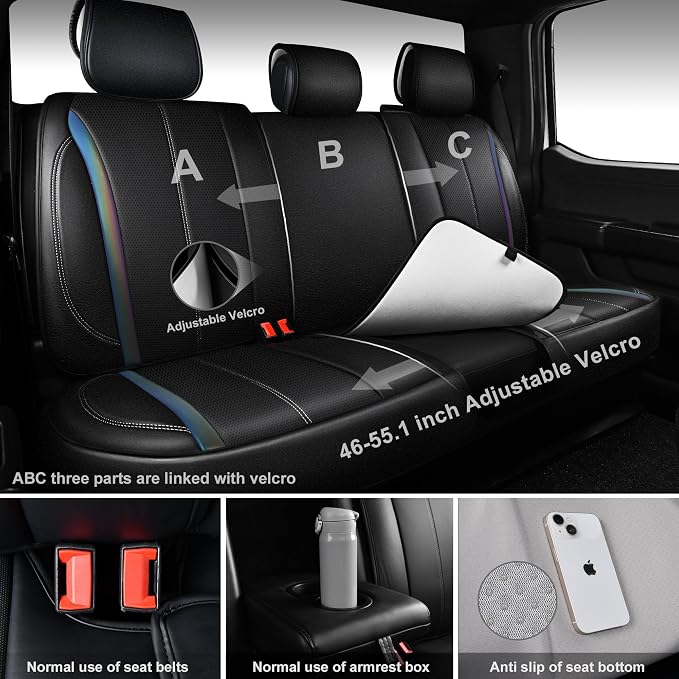 CAR PASS Nappa Leather Car Seat Covers, Durable Waterproof Luxury Universal for SUV Pick-up Truck Sedan, Anti-Slip Driver 5 Seats Covers Full Set with Backrest (Black Chameleon Iridescent Reflective) - Image 7