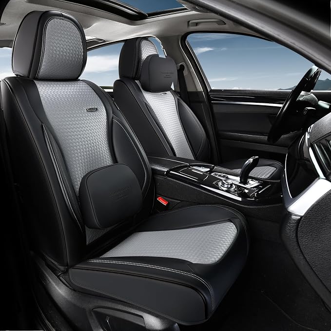 Coverado Seat Covers, Car Seat Covers Front Seats, Waterproof Nappa Leather Auto Seat Cover with Lumbar Head Pillow, Black Gray Seat Covers Carseat Cover Universal Fit for Most Cars by COVERADOAUTO