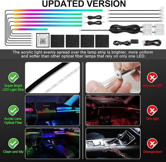 Dreamcolor Acrylic Interior Car LED Strip Light with Wireless APP, RGB 14 in 1 with 175 inches 612 LEDs Fiber Optic Strip Lights for Car, Dual Zone Music Sync Neon Car Ambient Lighting Kits - Image 6