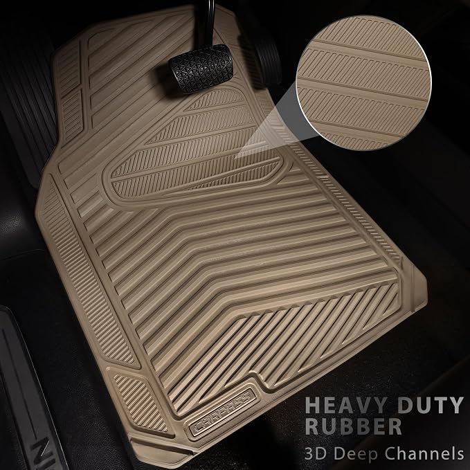 CAR PASS Rubber Car Mats, Waterproof Car Floor Mats All Weather Car Mat Full Set 3 Piece, Tan Automotive Floor Mat Trim to Fit for Cars Sedan SUVs Trucks, Anti-Slip Easy Clean, All Beige - Image 2