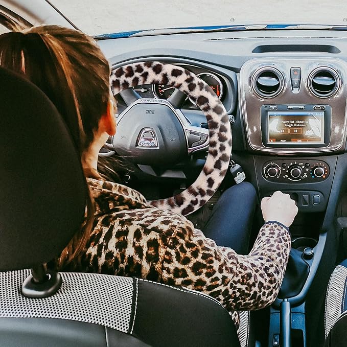 Fuzzy Steering Wheel Cover for Women Girls, Accmor Universal Fit 15 inch Fur Car Wheel Cover & Handbrake Cover & Gear Shift Cover Set, Fashion Leopard Winter Warm Fluffy Vehicle Wheel Protector - Image 7