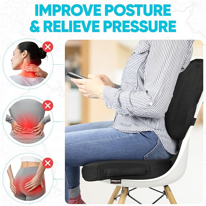 FORTEM Seat Cushion & Lumbar Support for Office Chair, Wheelchair, Car | Memory Foam | Ergonomic Design | Washable Cover | Non Slip | Black - Image 5