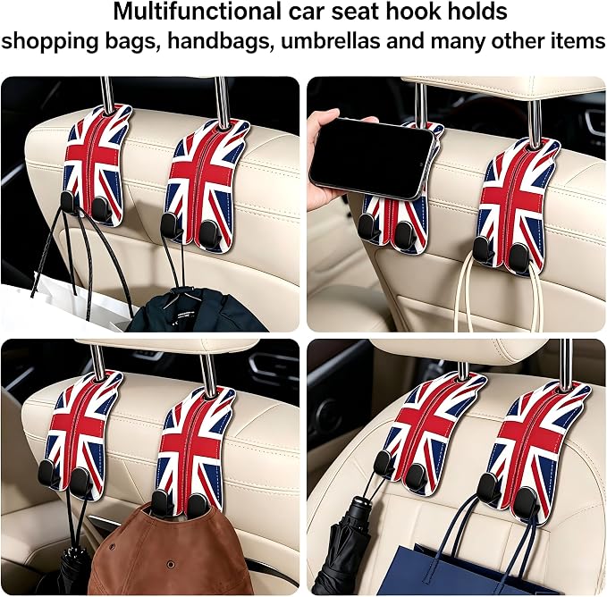 Car Seat Back Headrest Hooks - 2 Pack, Union Jack Pattern Purse Hook for Car, Metal Leather Multifunctional Auto Hanger Organizer for Bags Water Bottles Phones - Image 6