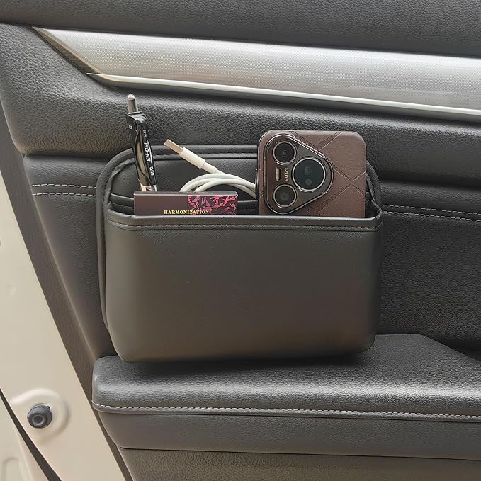 Car Seat Side Pocket Organizer for Car Doors and Consoles, Black | Reusable Adhesive Car Storage Bag, Holds phones keys wallet sunglass etc, Suitable for all vehicles, PU Leather by ZQLYCSK