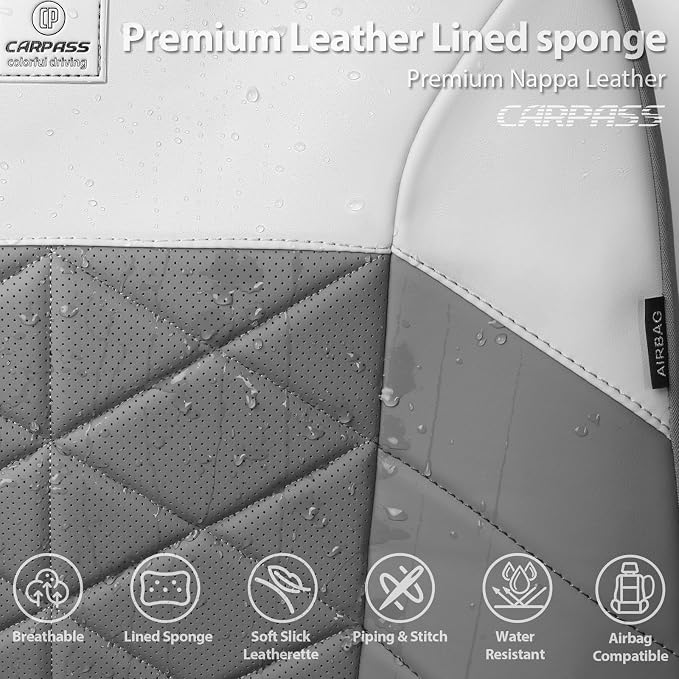CAR PASS Memory Foam Leather Front Seat Covers, Waterproof Nappa Leather Seat Covers Front Seats Universal Fit for Cars,SUV,Truck Seat Covers Thick 3D Foam Comfortable, Airbag Compatible Gray White - Image 4
