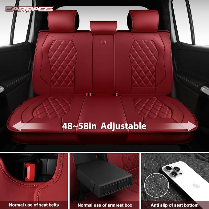 CAR PASS Luxury Nappa Leather Seat Covers Full Set, 3D Rhombus Waterproof Faux Leather Seat Covers, Premium Automotive Seat Cushion Universal Fit for Sedan SUV Truck Van,Airbag Compatible Burgundy Red - Image 5