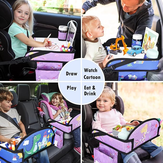 Kids Travel Tray for Toddler Car Seat, Road Trip Activities for Kid | Toddler Car Activities with No-Drop iPad Holder Stand, Roadtrip Essentials with Dry Erase Board & Cooler Cup Holder, 2PC - Image 3