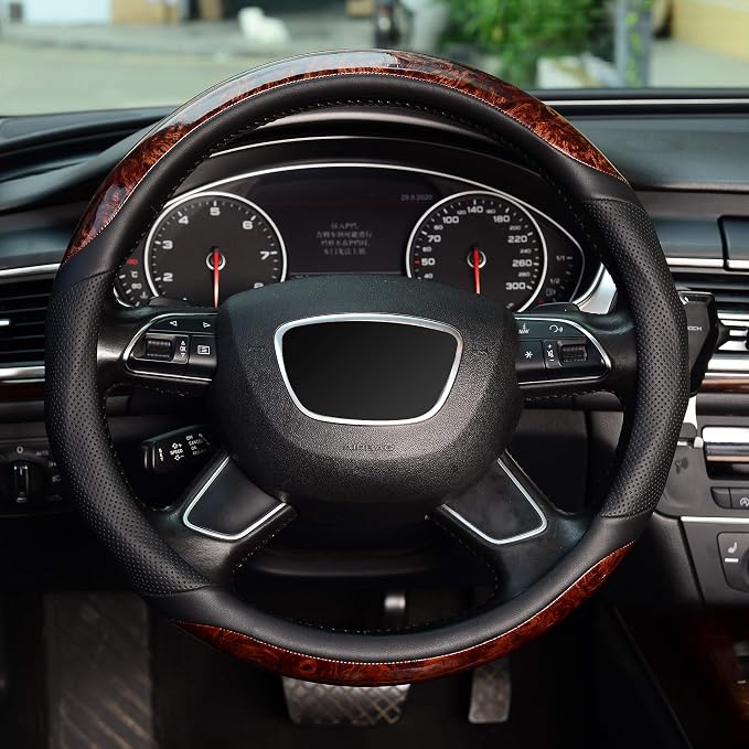 KAFEEK 16 inch Wood Grain Steering Wheel Cover, Large Size | Compatible for F150 F250 F350, Ram 4Runner Tacoma Tundra, Range Rover, Breathable Microfiber Leather - Image 2