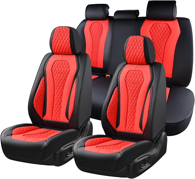 Coverado Car Seat Covers, Seat Covers Full Set, Red Car Seat Cover, Auto Seat Covers Front Seats Rear Seat Cover, Luxury Car Seat Cushion,Leather Seat Cover Seat Protector Universal Fit Most Cars by COVERADOAUTO