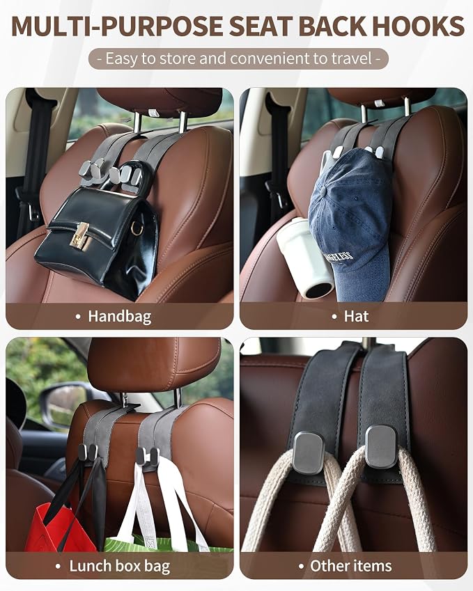 Headrest Hooks for Car, 4 Pack Car Seat Back Organizer Storage Hook, Double Hook Car Seat Hooks for Hanger Purses and Bags, Leather Purse Holder for Car, Black - Image 4
