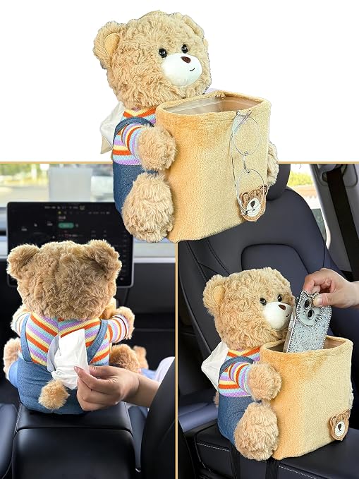 Cute Car Trash Can with Tissue Holder Teddy Bear Tissue Box Console Stuffed Animal Organizer Plush Doll Multifunctional Creative Accessories for Women Rainbow Bear by Unknown