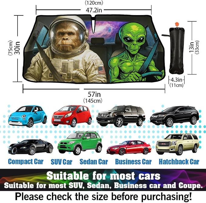 Funny Alien Astronaut Car Windshield Sun Shade Umbrella Bendable Handle Foldable Funny Sunshade for Car Windshield Block UV Rays Keep Vehicle Cool for Most Sedans SUV Trucks Cars 57"x30" - Image 5