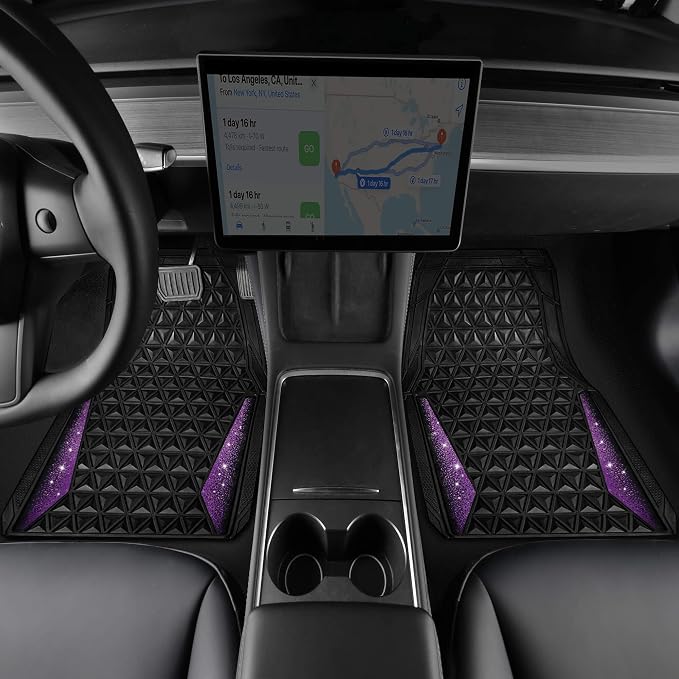 CAR PASS Bling Rubber Car Mats Diamond Floor Mats Full Set Anti-Slip 3D Rhombus Waterproof Universal Trim to Fit Liner Glitter Crystal Sparkly Shining Rhinestone Girl Women SUV Sedan Van, Black Purple - Image 9