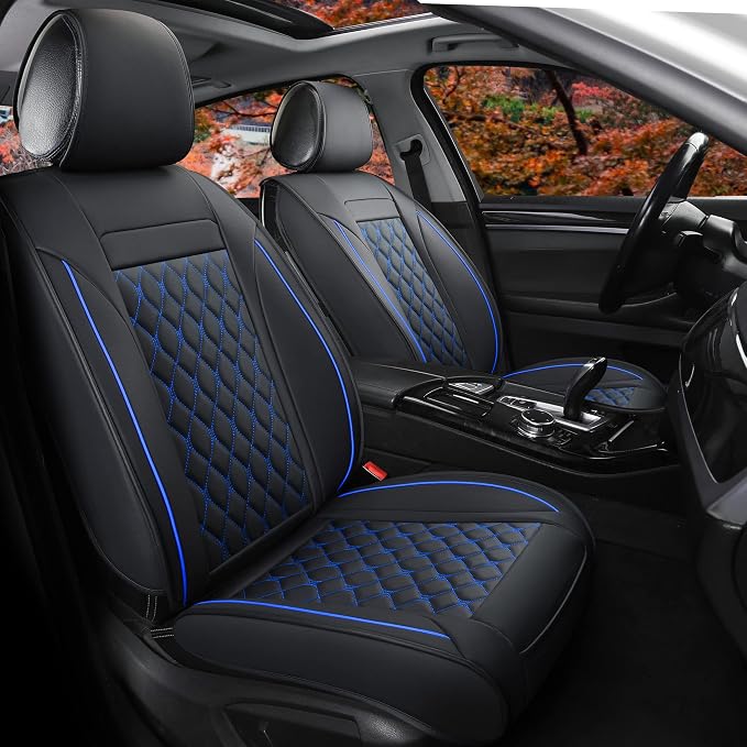 Car Seat Covers Front Pair,Universal Fit for Most Cars,SUV,Sedans and Pick-up Trucks,Automotive Faux Leather Vehicle Cushion Covers(Front Pair,Black/Blue) by Vankerful