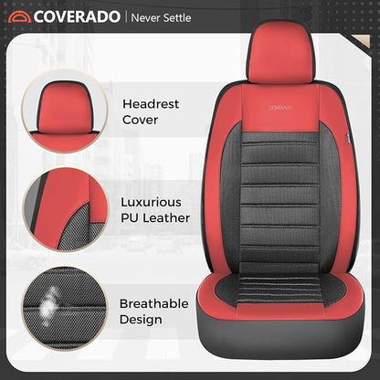 Coverado Car Seat Covers Front Seats, Luxury Leather Car Seat Covers, Automotive Mesh Seat Covers 2 Pack, Airbag-Compatible, Black Red Seat Covers for SUV Sedan Truck - Image 5