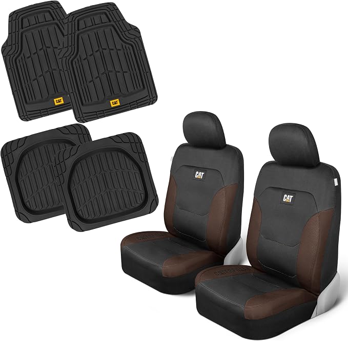 CAT Front Seat Covers for Cars (2-Pack) & 4-Piece Trim to Fit, Heavy Duty Protection, All Weather Floor Mats – Universal Fit, Waterproof Mats, Easy Install, for Trucks, SUVs, Vans, & Car Accessories by Unknown