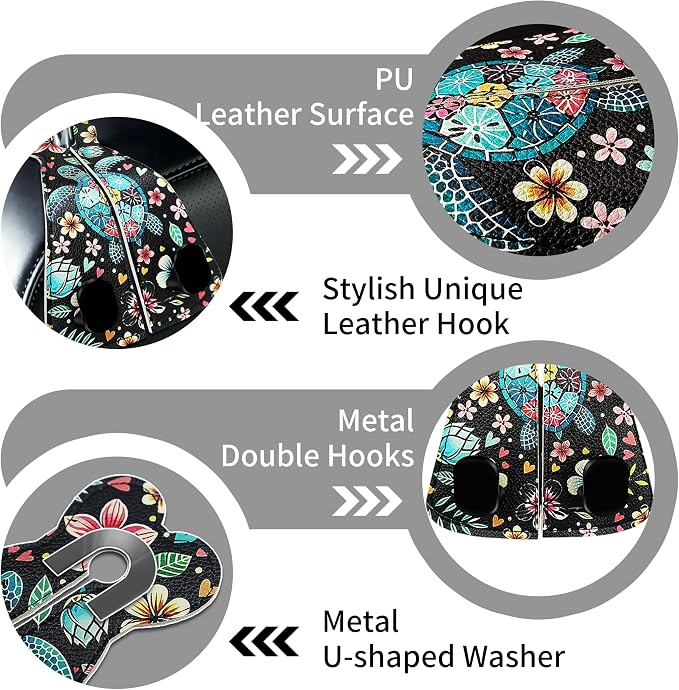 XIANGYUAN 2PCS PU Leather Car Seat Back Storage Headrest Hook,Purse Holder Bags Hanger,Women Car Accessories Organization(Green sea Turtle) - Image 2