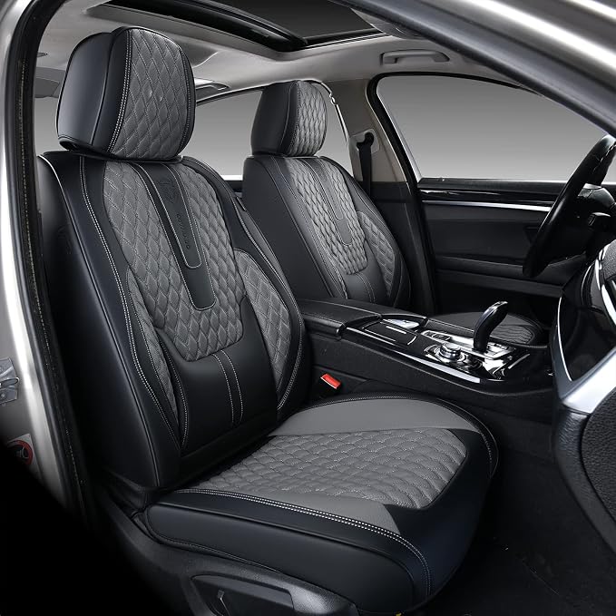 Coverado Leather Seat Covers for Car, Waterproof Front Car Seat Covers with Lumbar Support Universal Fit for Most Sedans SUV Pick-up Truck(Black&Gray) by COVERADOAUTO