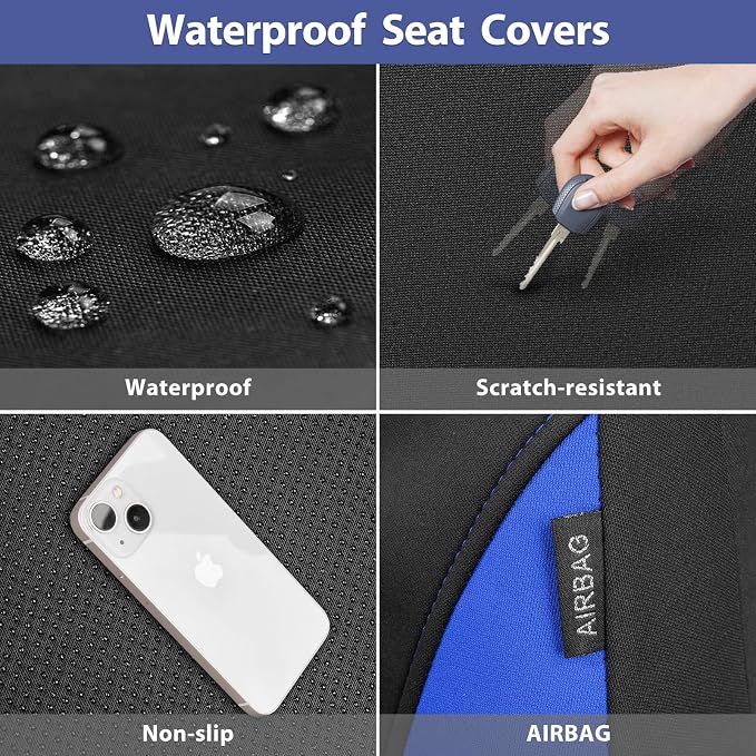 CAR PASS Neoprene Wetsuit Seat Covers, Waterproof Car Seat Covers Full Sets with 5mm Composite EVA, Universal Fit for Car Sedan, SUV Trucks Anti Slip with Airbag Compatible(Black Blue - Image 9