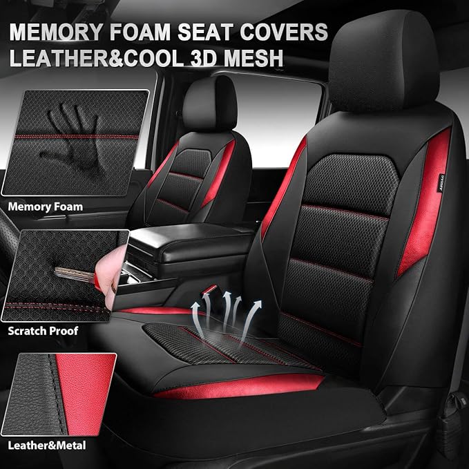 CAR PASS Memory 3D Foam Car Seat Covers Full Set, Breathable Mesh Thick Seat Covers for Car, Red Metal Film Leather Seat Covers, Universal Automotive Comfort for SUVs Trucks, Black Red - Image 3