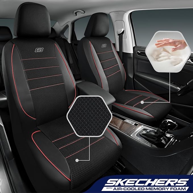 Skechers Air-Cooled Memory Foam Seat Covers,Mesh Thick Car Seat Covers,Piping Leather Car Seat Cover Full Set,Airbag Compatible,Automotive Comfort Universal Fit Most Cars,Vans,Trucks,SUV,Red - Image 2