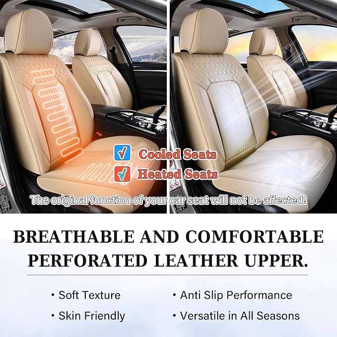 Coverado Front Seat Covers, Leather Car Seat Cover, Waterproof Car Seat Protector, Driver Seat Covers Car Seat Cushion Universal Fit for Most Cars, Beige - Image 7