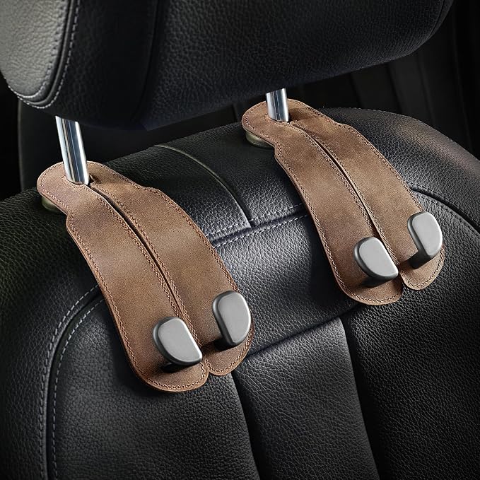 CoBak Genuine Leather Purse Hook for Car - Universal Premium Stitched Leather and Aluminum-Magnesium Alloy Double Car Seat Back Storage Hook for Purses, Handbags, Bags (2 Pack),Leather Brown by PopulartabletcasebrandWegivepeoplethebestdesignofprotectingvariouselectronicdevices
