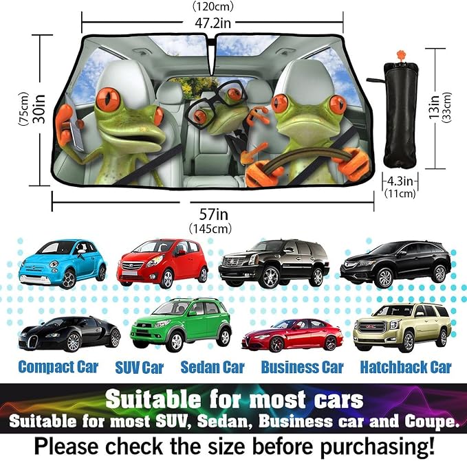 Socira Funny Frog Car Windshield Sun Shade Umbrella Style Sunshade Fun | Automotive Foldable Frog Driver Front Car Accessories Interior Decor to Keep Vehicle Cool for Most Vehicles 57'' X 30'' - Image 3
