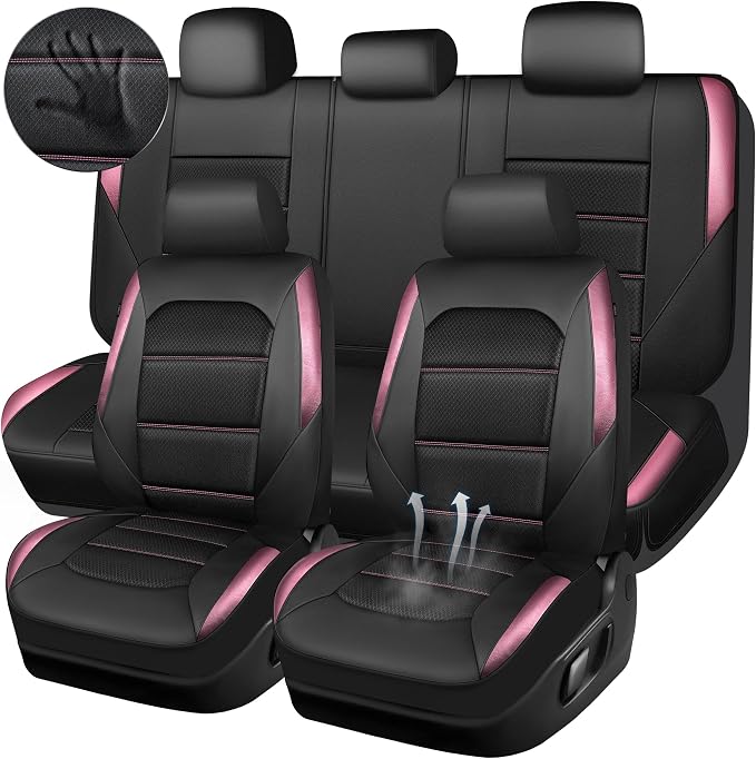 CAR PASS Memory 3D Foam Car Seat Covers Full Set, Breathable Mesh Thick Seat Covers for Car, Pink Metal Film Leather Seat Covers, Universal Automotive Comfort for SUVs Trucks, Black Pink by CARPASS