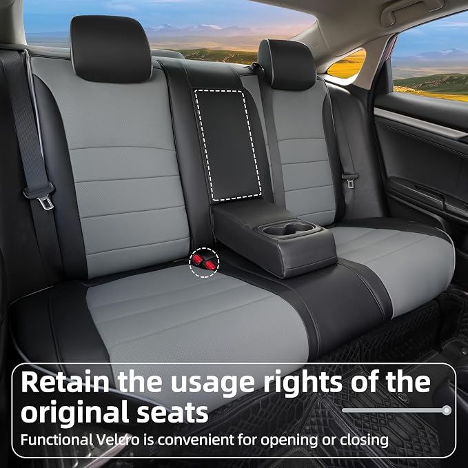 Lolcar Custom Fit Civic Seat Covers for Honda Civic 2016 2017 2018 2019 2020 2021 Hatchback EX,Sport Touring,EX-L - 5-Seats Leather Full Set ，Black/Gray(60/40 Split Seatback) - Image 6