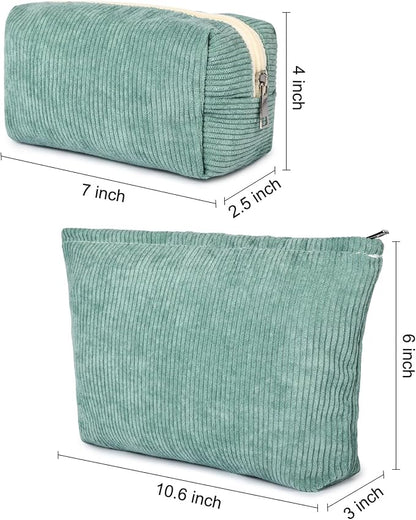 SOIDRAM 2 Pieces Makeup Bag Large Corduroy Cosmetic Bag Capacity Canvas Mix Travel Toiletry Bag Organizer Cute Makeup Brushes Aesthetic Accessories Storage Bag for Women, Corduroy Mix Green - Image 3