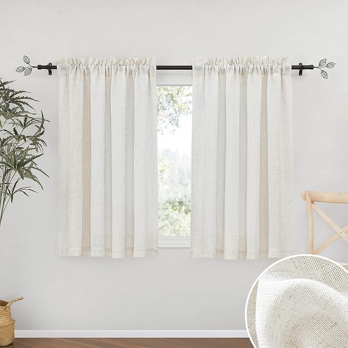 RYB HOME Semi Sheer Curtains - Flax Linen Blend Soft Short Sheer Curtains for Closet, Privacy Protection Light Filtering for Teen Girls&Boys Kids Bedroom Decor, 52/''W x 45/''L, 2 Pcs, Linen by RYBHOME