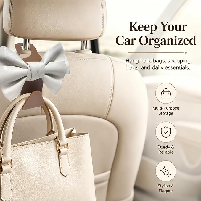2-Pack Cute Bow Car Purse Hooks, Headrest Hangers, White brown | Cute bow hooks keep purses and bags organized within reach while saving space; fits most car headrests - Image 2