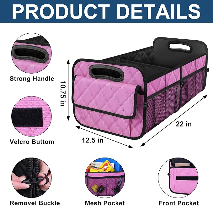 Deosk Car Trunk Organizer for SUV, Car Organizers and Storage with Reinforced Handles, Car Accessories for Women/Men 50L Waterproof Polyester Trunk Organizer(Medium,Pink) - Image 3