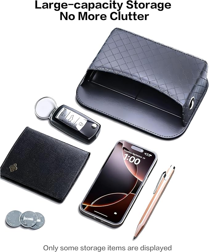 Self-Adhesive Car Seat Side Pocket Organizer with Cable Port - Black PU Leather Storage Pouch for Phone & Keys, Fits Gaps, Console & Door （Glossy Black） - Image 2