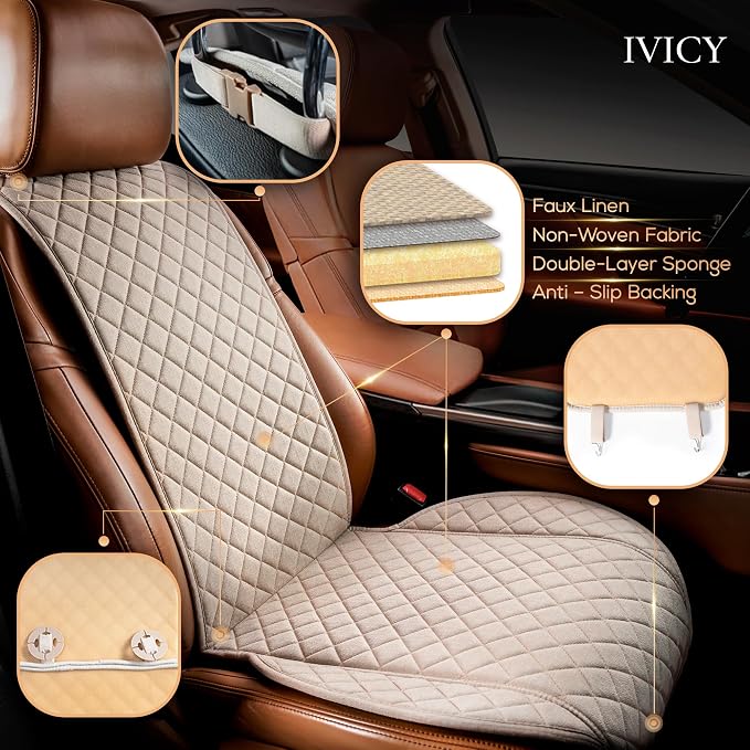 Faux Linen Front Car Seat Cover, Seat Protector, 1 Unit, Light Beige | Non-Slip Bucket Sear Cover for Most Cars, SUVs, Vans & Trucks – Machine Washable, Side-Airbag Friendly - Image 2