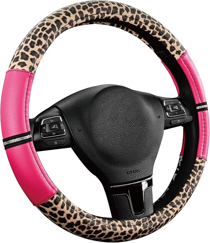 Road Comforts Leopard Steering Wheel Cover for Women, Cute Anti-Slip Microfiber Leather, Universal Fit 14.5-15 Inch Round Steering Wheel - HotPink - Image 2