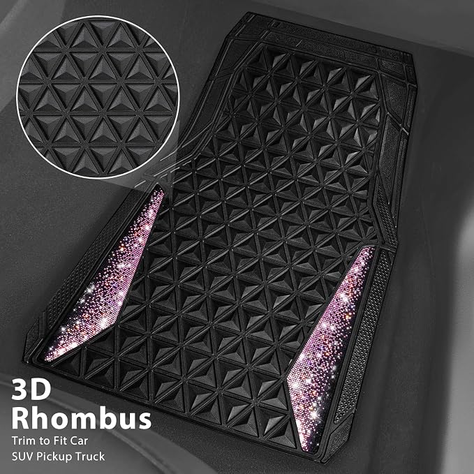 CAR PASS Bling Rubber Car Mats Diamond Floor Mats Full Set Anti-Slip 3D Rhombus Waterproof Universal Trim to Fit Liner Glitter Crystal Sparkly Shining Rhinestone Girl Women SUV Sedan Van, Black Pink - Image 3