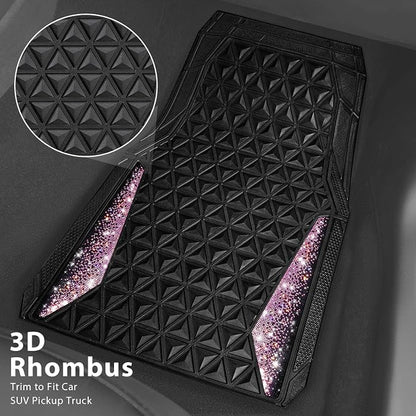CAR PASS Bling Rubber Car Mats Diamond Floor Mats Full Set Anti-Slip 3D Rhombus Waterproof Universal Trim to Fit Liner Glitter Crystal Sparkly Shining Rhinestone Girl Women SUV Sedan Van, Black Pink - Image 3