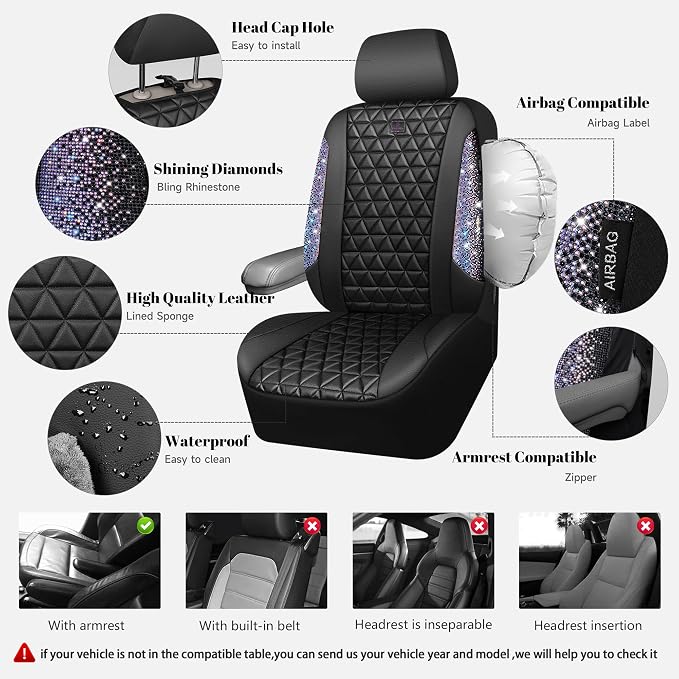 CAR PASS Bling Diamond Black Leather Car Seat Covers Full Set Interior Sets, Waterproof Shining Glitter Sparkly Crystal Armrest Fit Automotive Truck SUV Cute Women Girl, Bedazzed Iridescent Rhinestone - Image 3