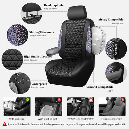 CAR PASS Bling Diamond Black Leather Car Seat Covers Full Set Interior Sets, Waterproof Shining Glitter Sparkly Crystal Armrest Fit Automotive Truck SUV Cute Women Girl, Bedazzed Iridescent Rhinestone - Image 3