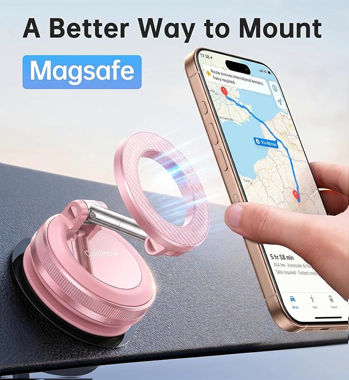 Coolpow【Newest Vacuum Magnetic Phone Holder for Car Phone Holder Mount【Movable Vacuum Suction】 Magsafe Car Mount Cell Phone Holders for Your Car Accessories for Women Men for iPhone 17 16-Light Pink - Image 11