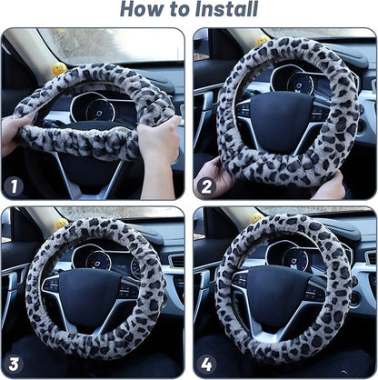 Fuzzy Steering Wheel Cover for Women Girls, Accmor Universal Fit Fur Car Wheel Cover & Handbrake Cover & Gear Shift Cover Set, Leopard Winter Warm Fluffy Vehicle Wheel Protector for Auto, SUV - Image 5