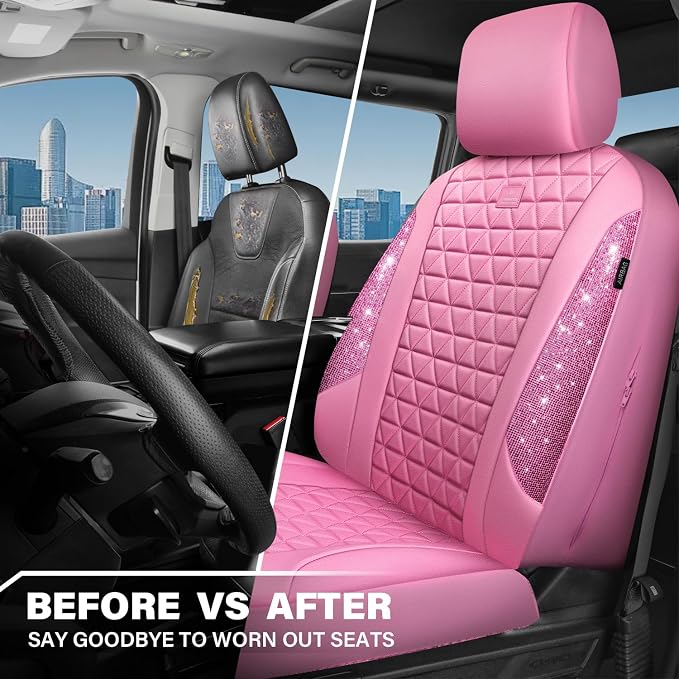 CAR PASS Bling Diamond Pink Leather Car Seat Covers for 2 Front Seats Protector, Waterproof Shining Glitter Sparkly Crystal Universal Armrest Fit Automotive Truck SUV Cute Women Girl, Pink Rhinestone - Image 4