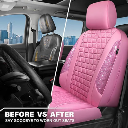 CAR PASS Bling Diamond Pink Leather Car Seat Covers for 2 Front Seats Protector, Waterproof Shining Glitter Sparkly Crystal Universal Armrest Fit Automotive Truck SUV Cute Women Girl, Pink Rhinestone - Image 4