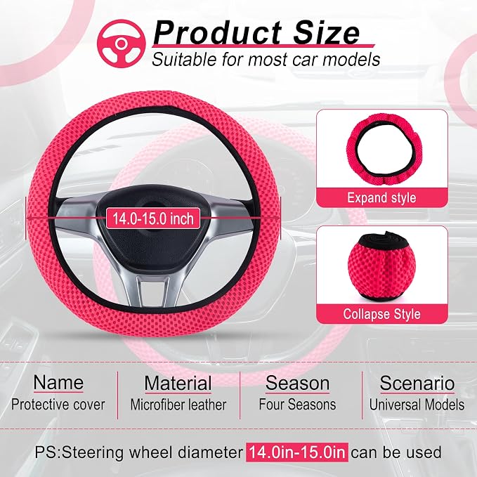 Alpmosn Elastic Stretch Steering Wheel Cover, Universal Interior Accessories Steering Wheel Cover for Women & Men, Breathable Microfiber Ice Silk, Anti-Slip, Odorless, Easy Carry(Rose Red) - Image 2