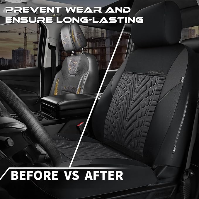 CAR PASS Neoprene Waterproof Seat Covers Full Sets, Wetsuit Car Seat Covers 5 Seats Universal Fit Vans, Truck, SUV, 3D Tyre Embossed Seat Covers Anti Slip with Armrests, Aibag Compatible(Black Gray) - Image 6