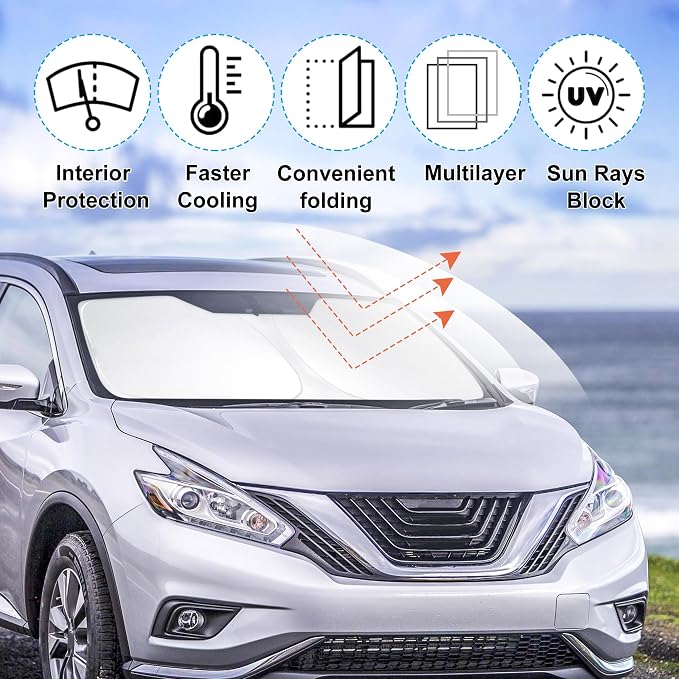Windshield Sun Shade for 2015-2024 Nissan Murano Accessories | Full covered for windshield, Foldable & Durable, Block UV Rays, Reduce Heat, Easy to install, Keep Car Cooler - Image 2