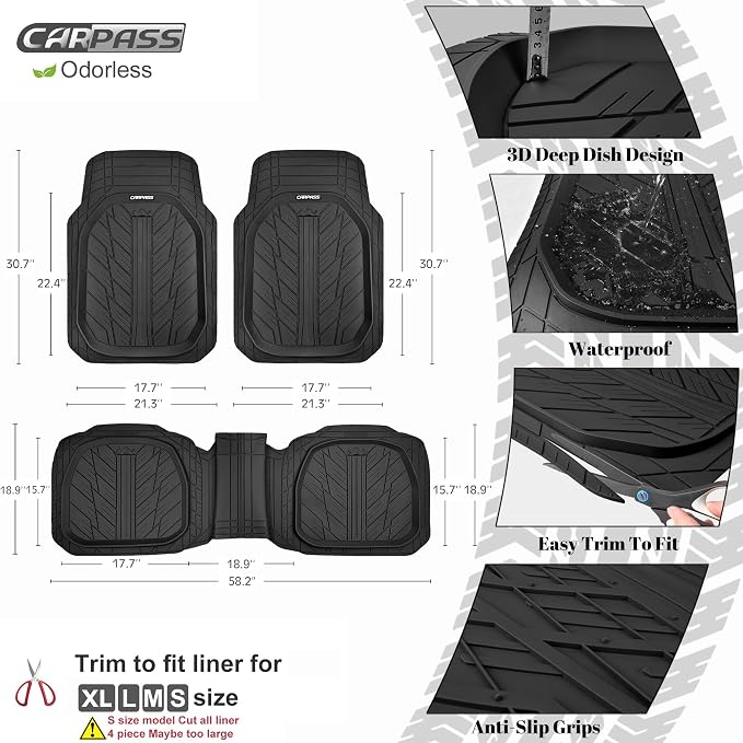 CAR PASS 3 Row Heavy Duty Rubber Car Mats, Deep-Dish All-Weather Floor Mats for 7 Seats 8 Seater 2nd & 3rd, Waterproof Universal Trim to Fit Liner Van,SUV,MPV,7 Passengers Vehicle,(Black 3 Row) - Image 4