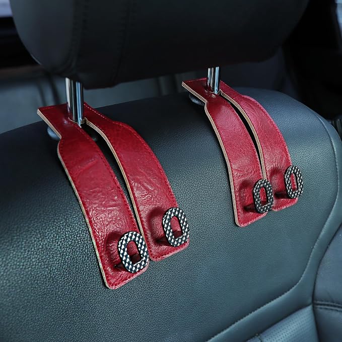Car Headrest Hooks Universal Car Purse Hook Premium Leather and Alloy Twin Hook Car Seat Back Storage Hanger Hook for Purse Bags Cloth Drink Durable Holder Car Accessories (BH09-Red-Black) by GELVTIC